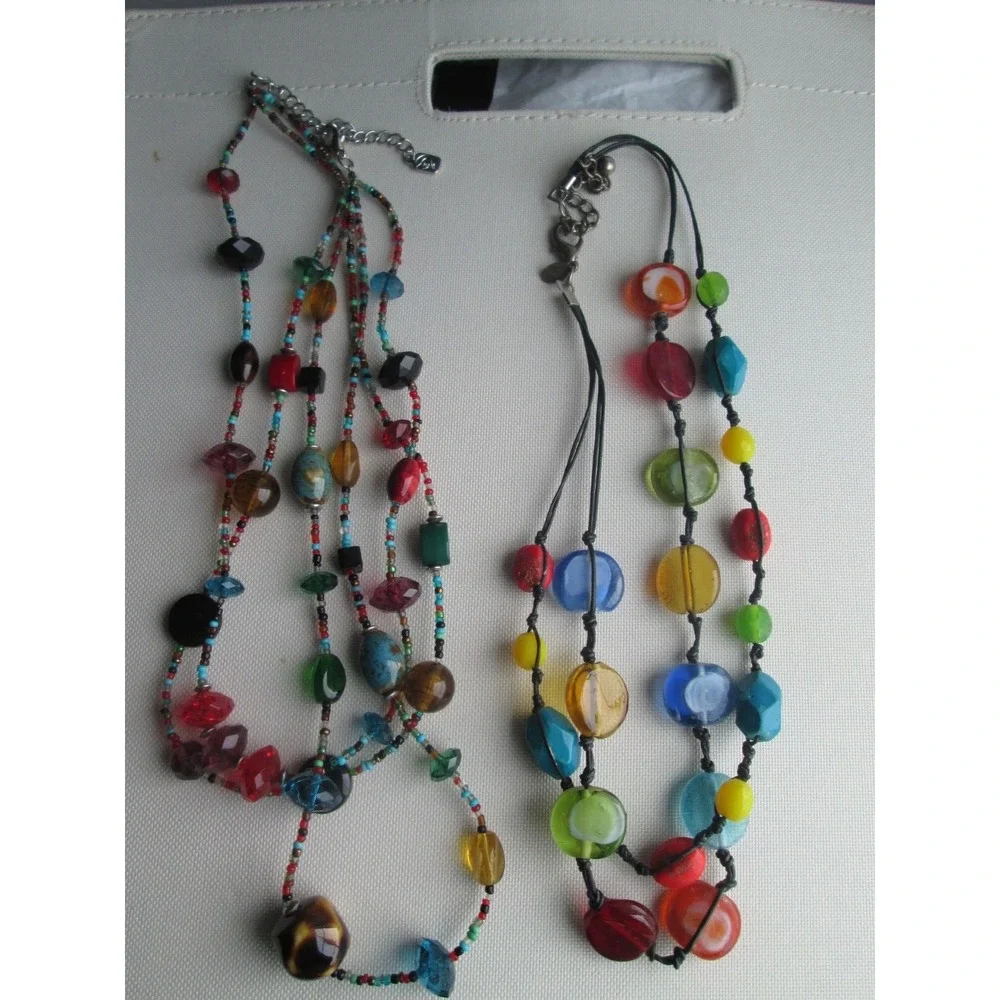 2 Multi Strand Colored Stone Speckled‎ Glass Beaded Necklaces CHICO's YOUSI